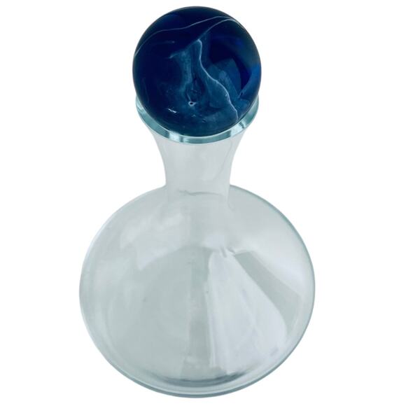 VTG Glass Wine DECANTER & MARBLE BALL STOP 8" Tall Clear Glass Blue Stone Ball - Picture 3 of 8